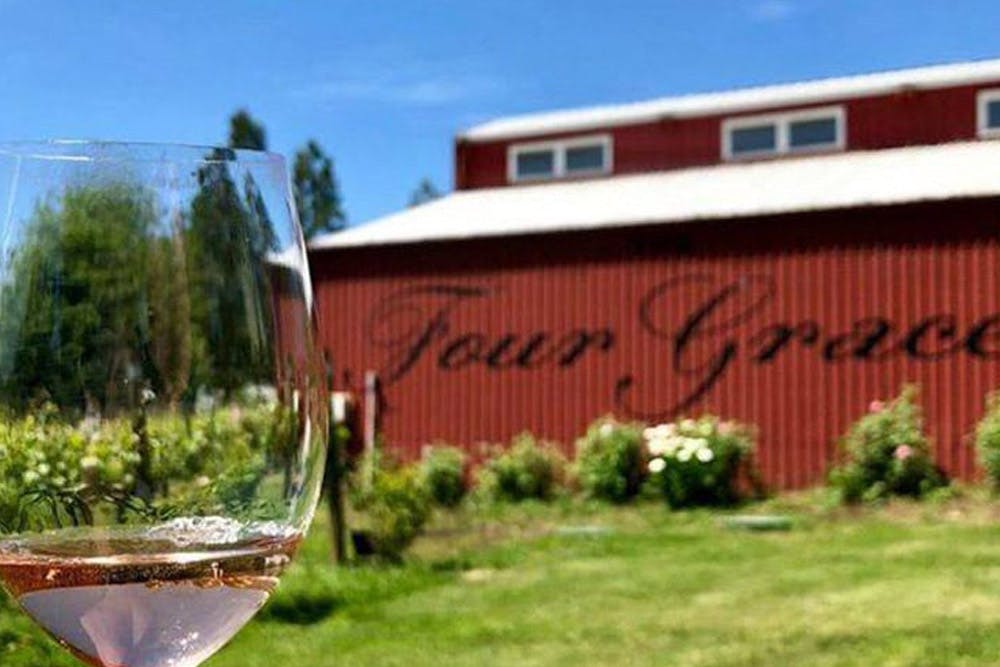 A glass of rosé wine held up in front of a red barn with the words "Four Graces" written on it, surrounded by greenery and under a clear blue sky.