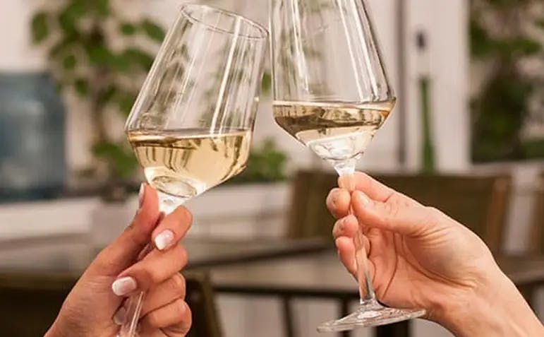 Two people clinking glasses of white wine in a celebratory toast, with a blurred background of a patio setting.