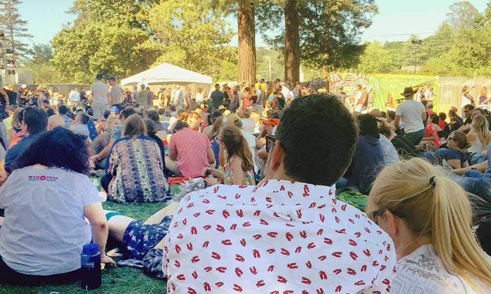 A large crowd of people sitting on the grass in a park during a daytime outdoor event, with trees and a tent visible in the background.