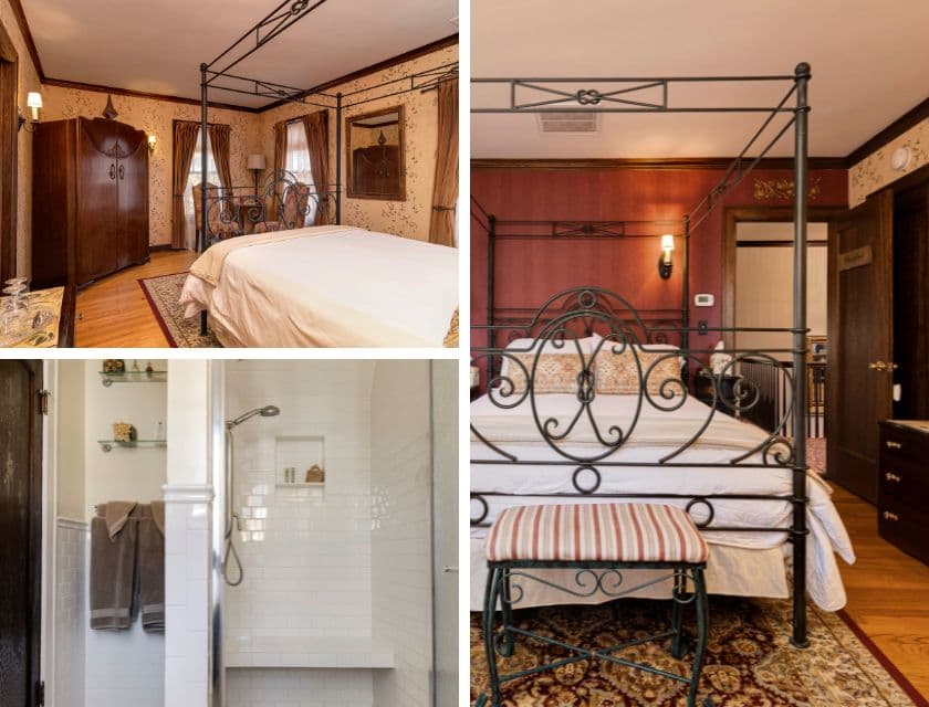 A stylish bedroom with a metal canopy bed, elegant decorations, and a modern shower in the corner.
