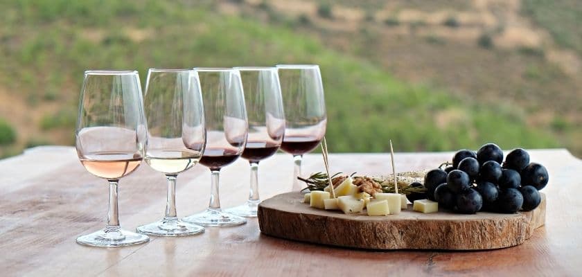 A wooden platter with cheese, grapes, and nuts beside five glasses of wine overlooking a green landscape.
