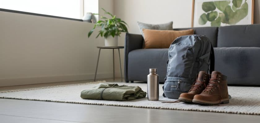 A backpack, hiking boots, a water bottle, and a folded shirt are arranged on a rug in a cozy living room.