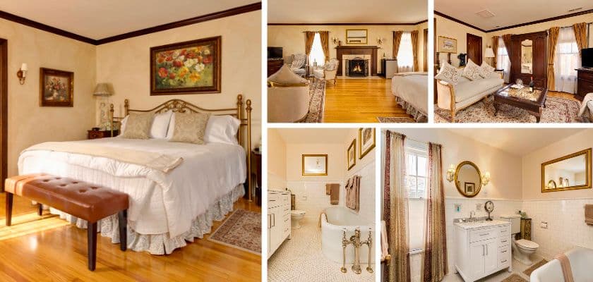 Tuscan Suite bedroom, fireside sitting area, and soaking tub bathroom at A Tuscan Estate in McMinnville, Oregon.
