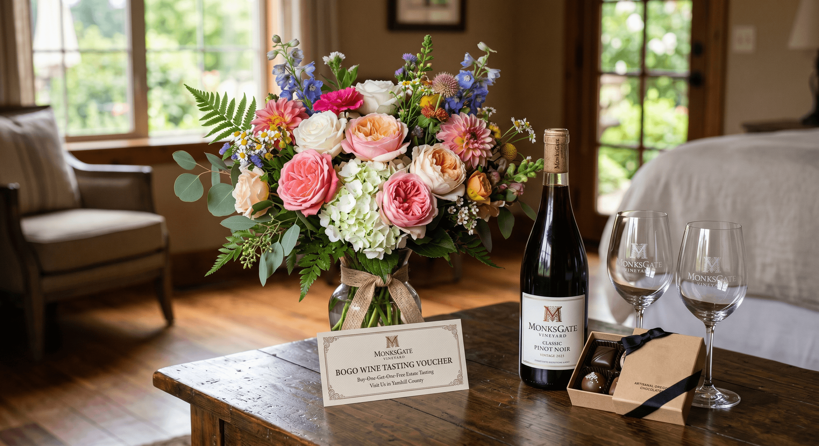 A bouquet of colorful flowers, a bottle of wine, two glasses, and a wine tasting voucher are displayed on a wooden table in a cozy room.
