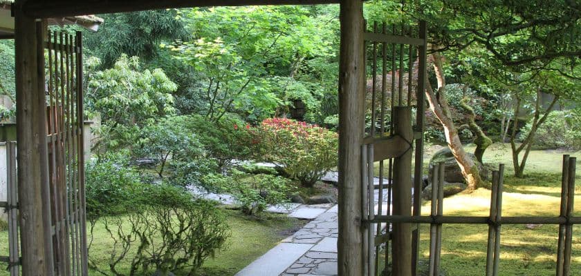 A serene garden viewed through an open wooden gate, framed by lush greenery and a stone pathway.
