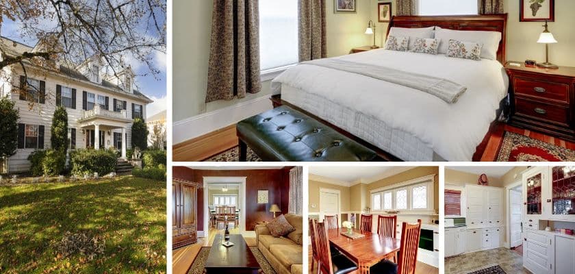 A collage showcasing a charming house exterior and four interior spaces, including a bedroom, dining room, living room, and kitchen, all featuring cozy and stylish decor.