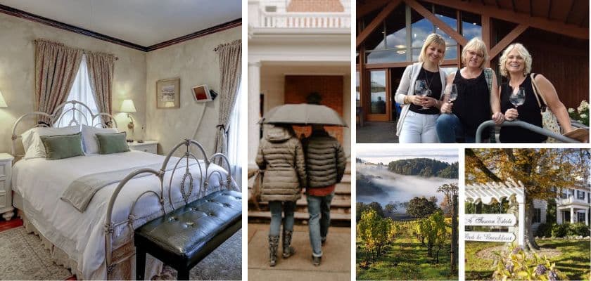 A collage of the bed in the Siena room, guests arriving at the inn, Erin with friends enjoying wine at a winery, and a local autumn vineyard.