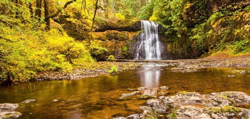 upper north falls over river at silver falls state park oregon