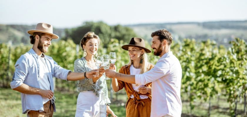 Two couples toast with white wine among vineyard rows in Oregon wine country.