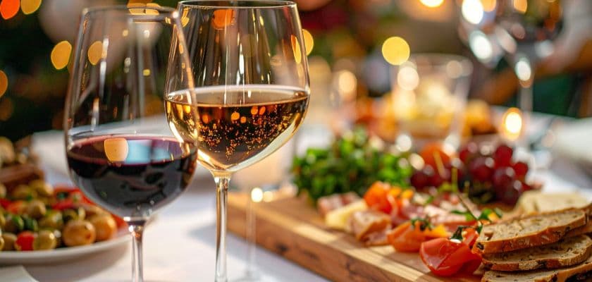 a glass of red wine next to a glass of white wine on a table with colorful charcuterie boards and blurred lights in the backdrop