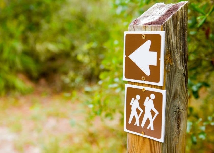 wooden trail marker with a left-pointing arrow and hiking icons along a forest path