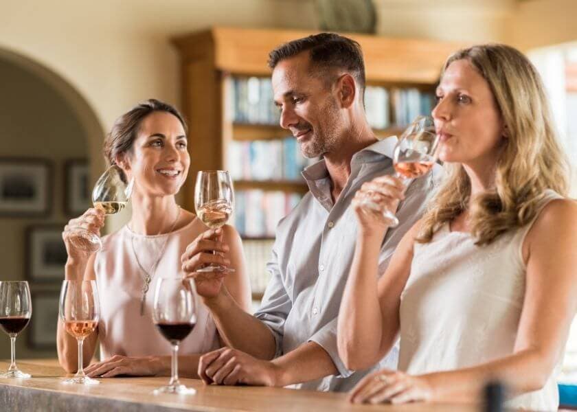 trio of friends tasting wine at a wine bar in a tasting room