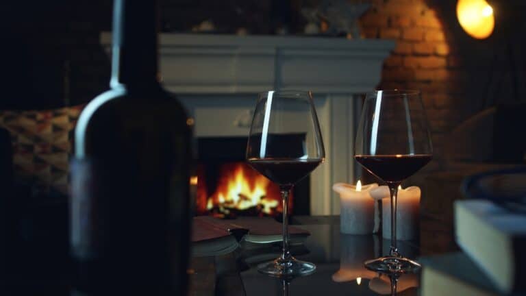 Two glasses of red wine enjoyed by the fire at the best wineries in Oregon